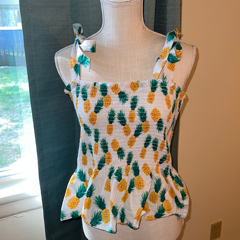 J.Crew smocked shoulder tie pineapple top